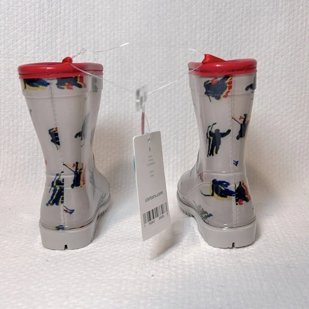Carter's Prime Rain Boots Grey Hockey Print Galoshes‎ Spring Puddles Toddler 5M